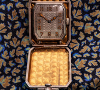 Elgin Art Deco Travel Clock/Pendant - Faceted Rectangular Case - Gilt Perlage Interior – Blue Cabochon Release - Early 1930s
