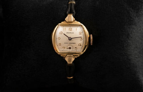 1948 Benrus ladies cushion case cream dial gold filled original cord bracelet vintage watch