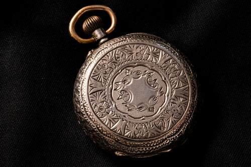 Antique Silver Pocket Watch - Deep-Set Enamel Dial with Gold Flowers - Dutch .935 Silver - Circa 1900