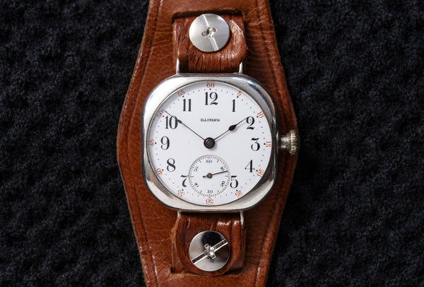 Illinois Trench Watch - Sterling Silver Cushion - Enamel Dial with Red Minutes - Circa 1913